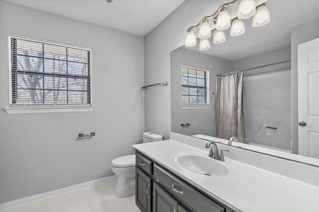 bathroom featuring toilet, baseboards, vanity, a shower with curtain, and a textured ceiling