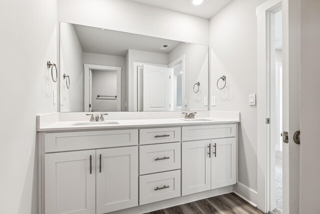 full bathroom featuring double vanity, wood finished floors, baseboards, and a sink