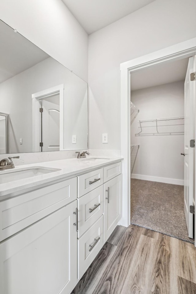bathroom featuring a walk in closet, double vanity, wood finished floors, and a sink