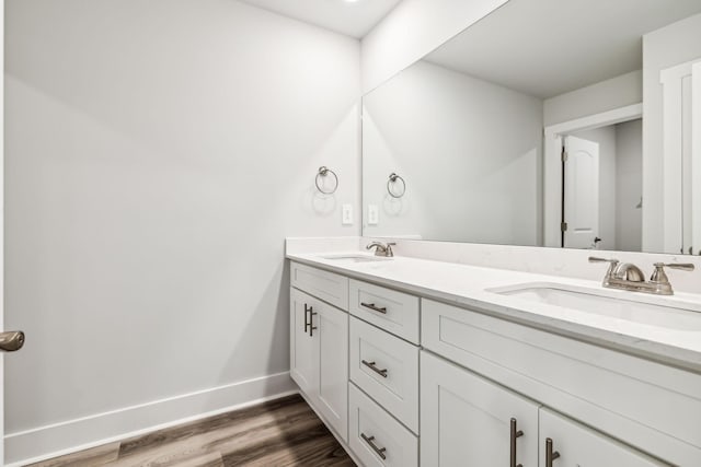 bathroom featuring double vanity, baseboards, wood finished floors, and a sink