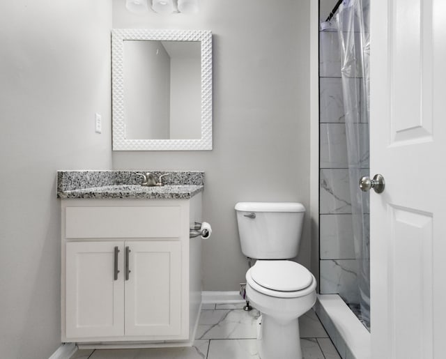 302 Windrush Dr, Clarksville, TN 37042 - bathroom with a tile shower, toilet, baseboards, marble finish floor, and vanity