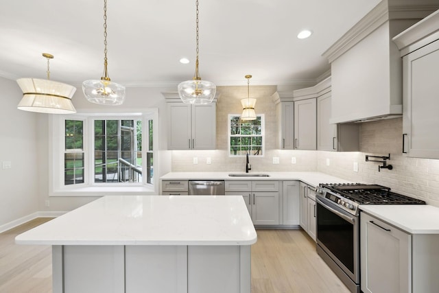 kitchen featuring light wood-type flooring, tasteful backsplash, custom range hood, a sink, and stainless steel appliances