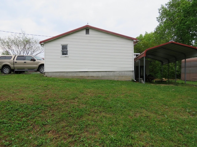 view of property exterior with a detached carport and a lawn