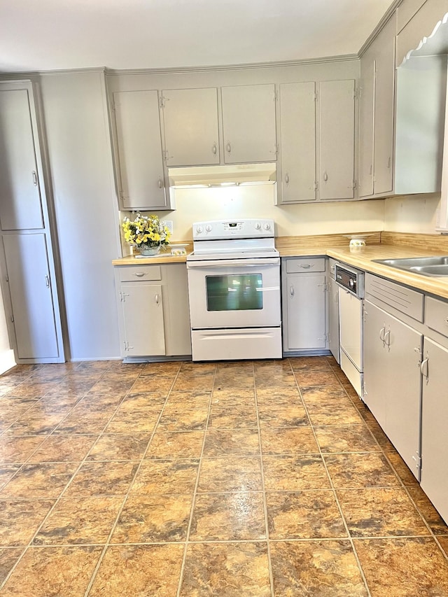 kitchen with under cabinet range hood, light countertops, dishwasher, electric stove, and gray cabinetry