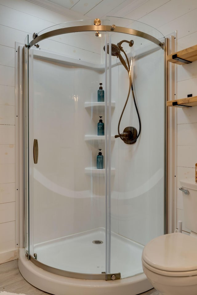 bathroom featuring a shower stall and toilet