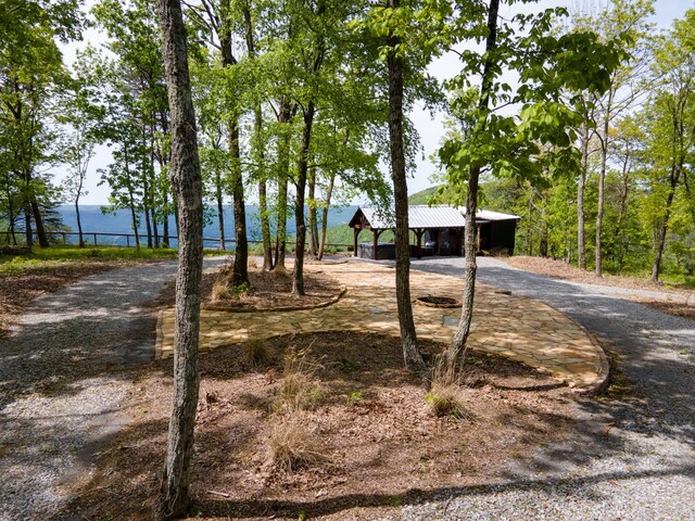 view of front of property featuring a water view and metal roof