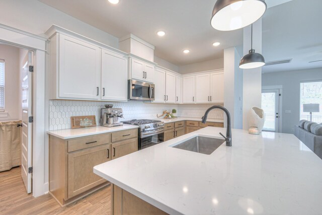 1084 Linn Cove Ct, Gallatin, TN 37066 - kitchen featuring light wood finished floors, a sink, appliances with stainless steel finishes, and tasteful backsplash