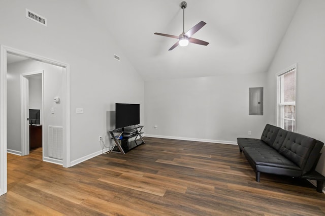 unfurnished room with visible vents, a ceiling fan, high vaulted ceiling, and baseboards