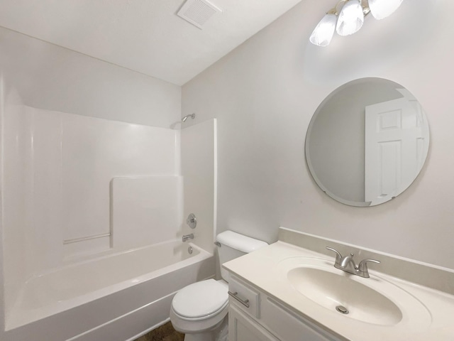 bathroom with shower / tub combination, visible vents, vanity, and toilet