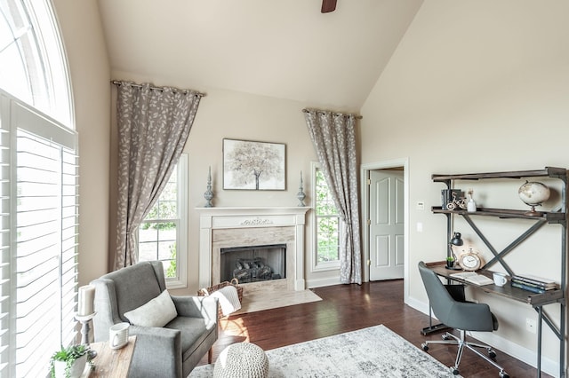 office area featuring a fireplace, baseboards, wood finished floors, and plenty of natural light