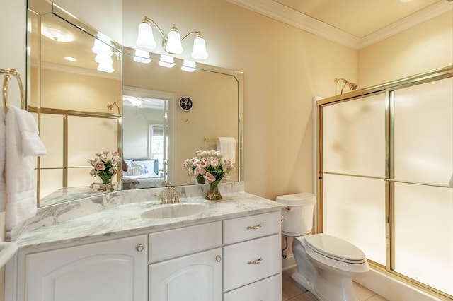 full bathroom featuring toilet, ornamental molding, and a stall shower