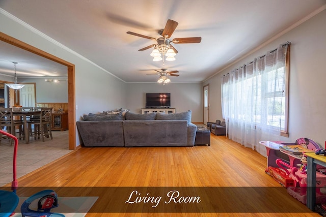 living area featuring wood finished floors, ornamental molding, and ceiling fan