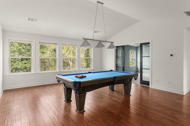 rec room with baseboards, vaulted ceiling, visible vents, and billiards