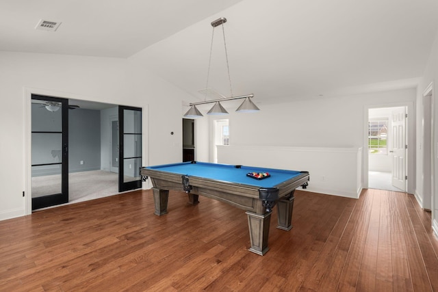 playroom featuring baseboards, wood finished floors, visible vents, and pool table