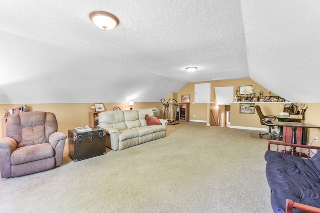 living area with vaulted ceiling, carpet flooring, a textured ceiling, and baseboards
