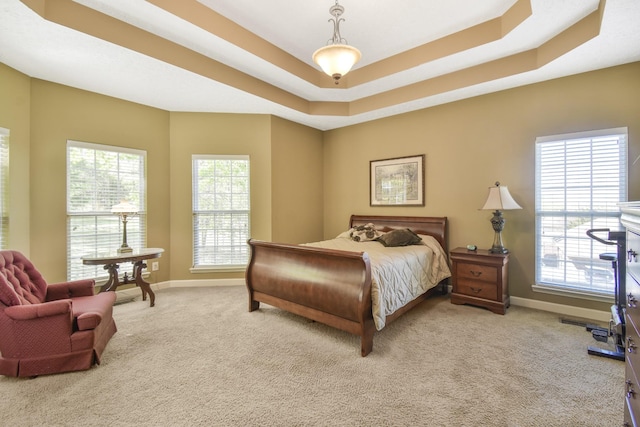 carpeted bedroom with baseboards and a tray ceiling