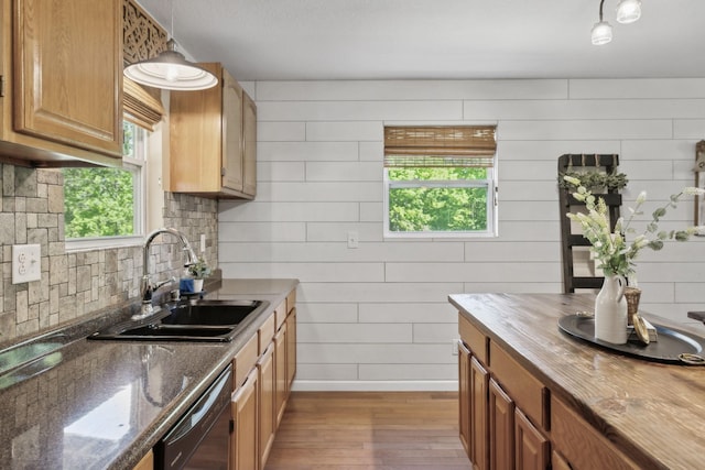 7565 N County Line Rd, Fairview, TN 37062 - kitchen with a sink, black dishwasher, baseboards, decorative light fixtures, and wood finished floors