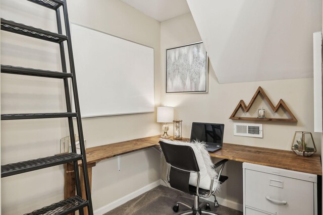7565 N County Line Rd, Fairview, TN 37062 - office space featuring baseboards, visible vents, dark carpet, and built in study area