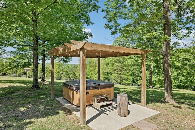 7565 N County Line Rd, Fairview, TN 37062 - view of patio featuring a hot tub, fence, and a pergola