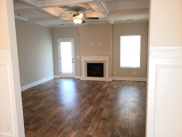 2260 Viking Ct, Murfreesboro, TN 37127 - unfurnished living room with beamed ceiling, a ceiling fan, dark wood-style floors, and coffered ceiling