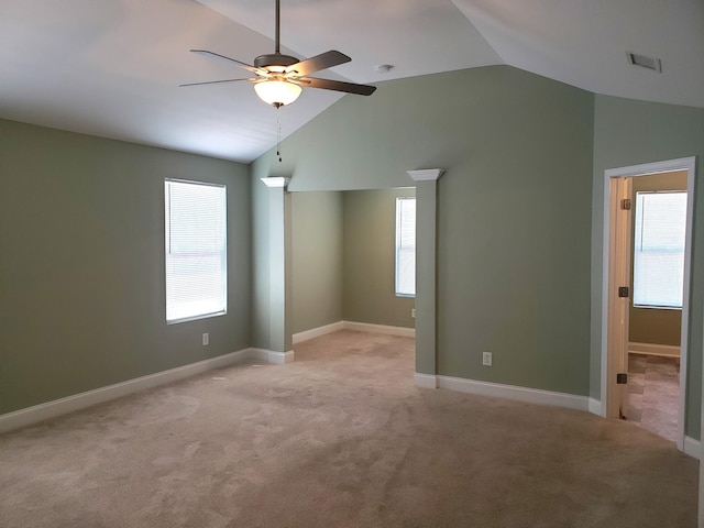 2260 Viking Ct, Murfreesboro, TN 37127 - empty room featuring light colored carpet, vaulted ceiling, a ceiling fan, and visible vents