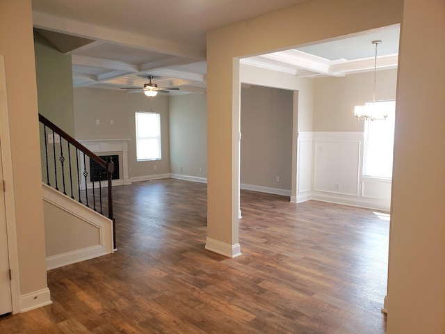 2260 Viking Ct, Murfreesboro, TN 37127 - unfurnished living room with ceiling fan with notable chandelier, beamed ceiling, stairs, and coffered ceiling