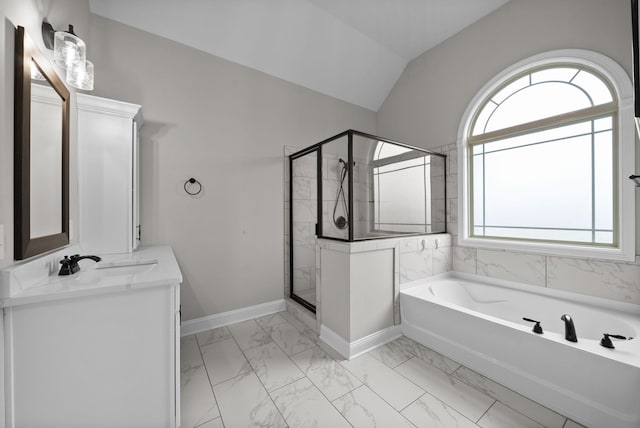 1885 Shield Dr, Clarksville, TN 37043 - bathroom featuring a shower stall, marble finish floor, a sink, baseboards, and a garden tub