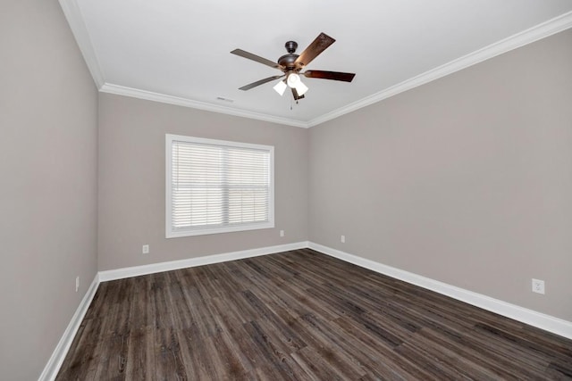 empty room featuring baseboards, a ceiling fan, dark wood-style floors, and ornamental molding