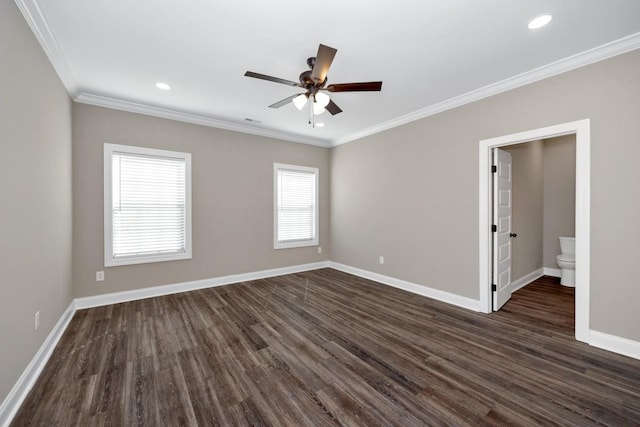 unfurnished room with dark wood finished floors, crown molding, baseboards, and ceiling fan