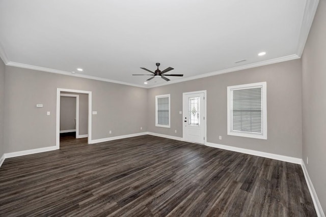 unfurnished living room featuring crown molding, ceiling fan, dark wood finished floors, baseboards, and recessed lighting