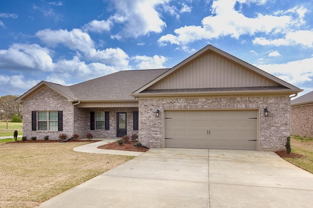 ranch-style home with roof with shingles, a front lawn, driveway, brick siding, and an attached garage
