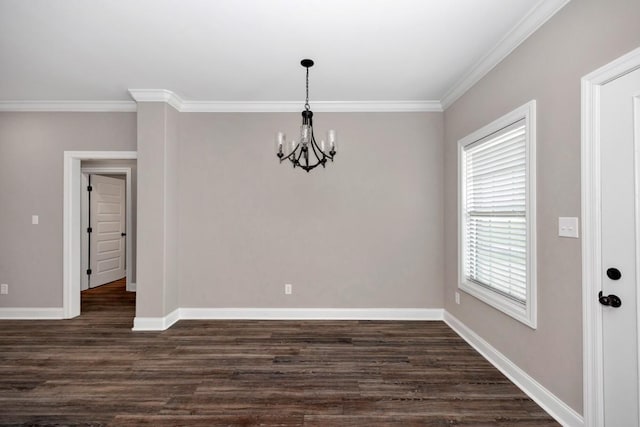 unfurnished dining area with dark wood finished floors, baseboards, a notable chandelier, and crown molding