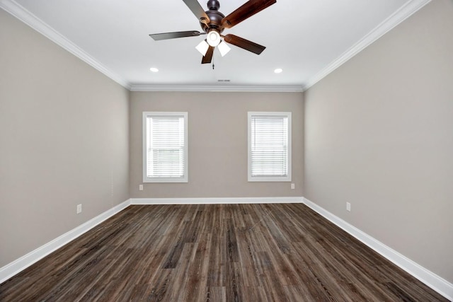 empty room with crown molding, baseboards, ceiling fan, and dark wood-style floors