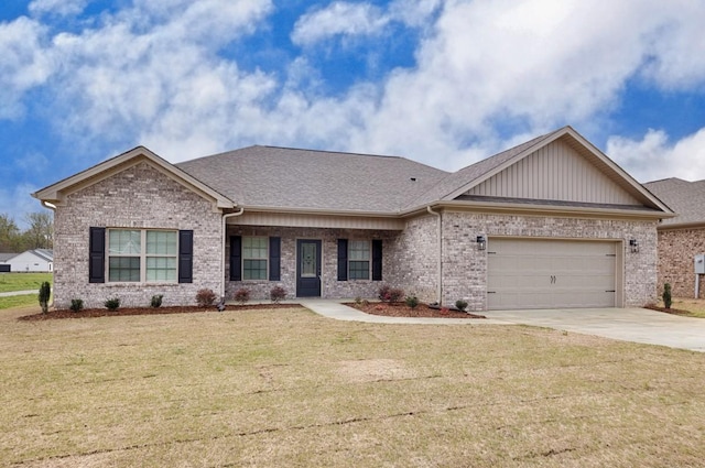 ranch-style home featuring a garage, a front yard, and concrete driveway