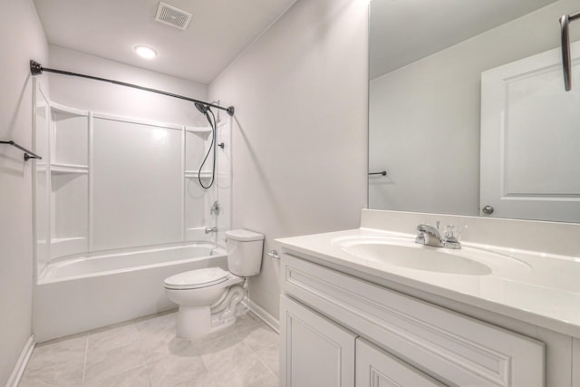 bathroom featuring visible vents, toilet, vanity, baseboards, and shower / tub combination