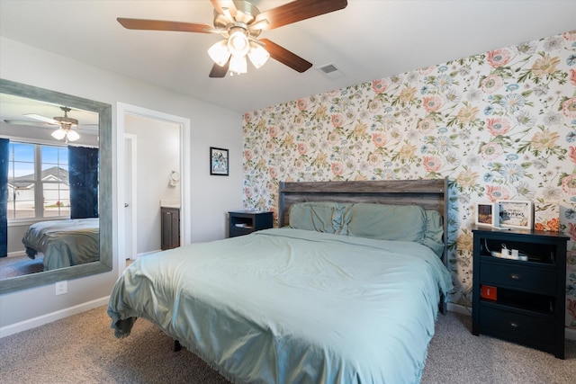 406 Bender Ct, Clarksville, TN 37042 - carpeted bedroom with wallpapered walls, visible vents, a ceiling fan, baseboards, and ensuite bathroom