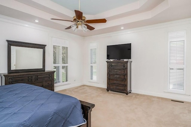 1319 N Plantation Dr, Cookeville, TN 38506 - bedroom featuring a raised ceiling, visible vents, ornamental molding, baseboards, and light colored carpet