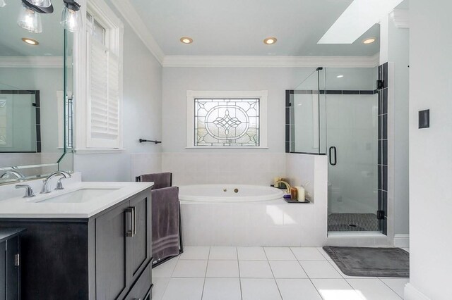 1319 N Plantation Dr, Cookeville, TN 38506 - full bathroom featuring a garden tub, ornamental molding, vanity, and a stall shower