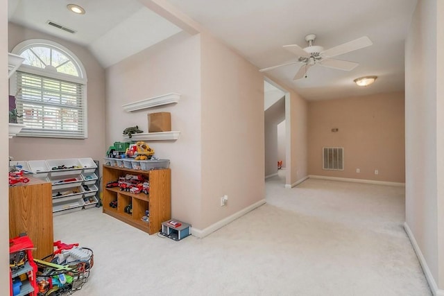 1319 N Plantation Dr, Cookeville, TN 38506 - recreation room with vaulted ceiling, carpet, visible vents, and ceiling fan