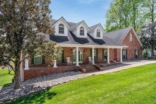 1319 N Plantation Dr, Cookeville, TN 38506 - new england style home with brick siding, roof with shingles, a front lawn, and covered porch