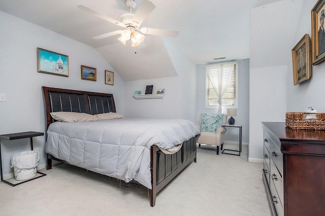 1319 N Plantation Dr, Cookeville, TN 38506 - bedroom with light carpet, vaulted ceiling, visible vents, baseboards, and a ceiling fan