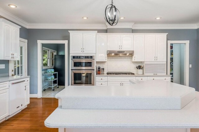 1319 N Plantation Dr, Cookeville, TN 38506 - kitchen with under cabinet range hood, pendant lighting, appliances with stainless steel finishes, white cabinetry, and dark wood-type flooring