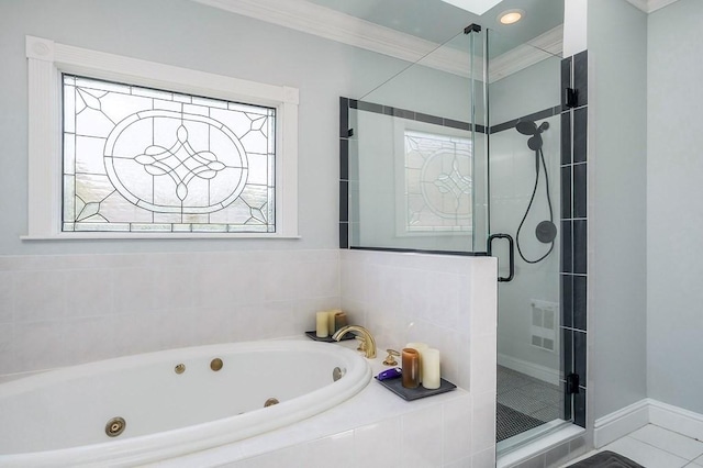 1319 N Plantation Dr, Cookeville, TN 38506 - full bath featuring a jetted tub, a healthy amount of sunlight, a stall shower, and ornamental molding