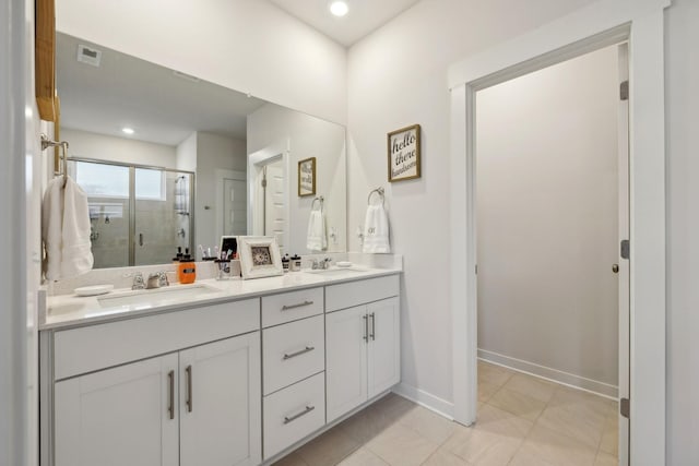 bathroom featuring visible vents, a sink, a shower stall, and double vanity