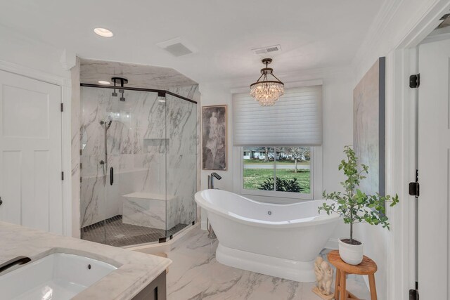 full bath with marble finish floor, a marble finish shower, a soaking tub, and visible vents