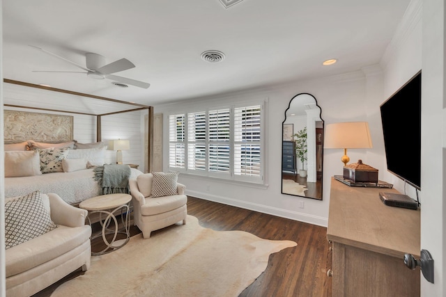 bedroom featuring recessed lighting, dark wood finished floors, visible vents, a ceiling fan, and baseboards