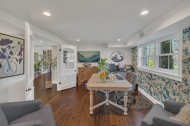 dining area with crown molding, wood finished floors, wallpapered walls, visible vents, and recessed lighting