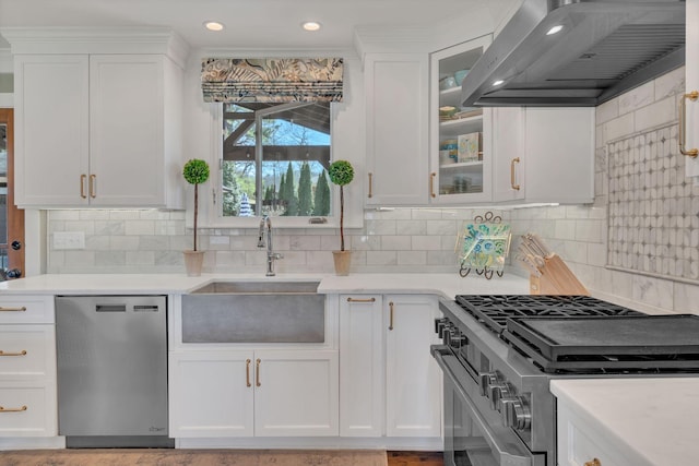kitchen featuring a sink, stainless steel appliances, white cabinetry, light countertops, and range hood