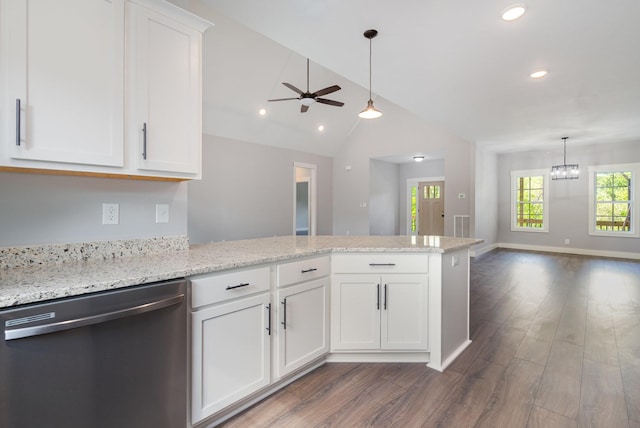 kitchen featuring stainless steel dishwasher, a peninsula, open floor plan, ceiling fan, and dark wood finished floors