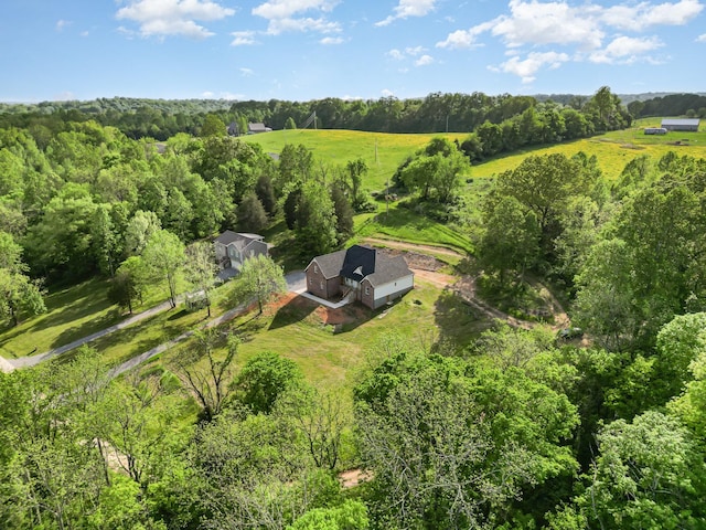 bird's eye view with a wooded view and a rural view